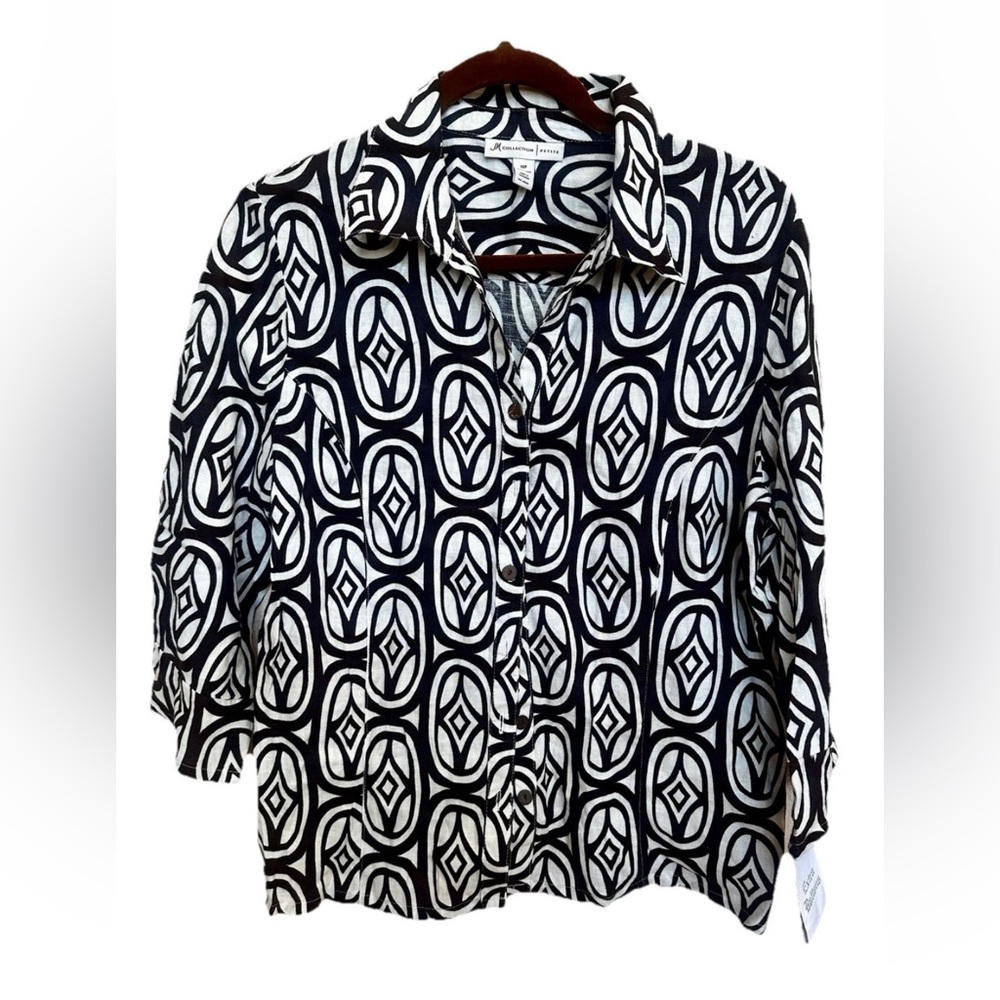 NWT JM Collection 100% Linen Geometric Button Down Shirt 14P